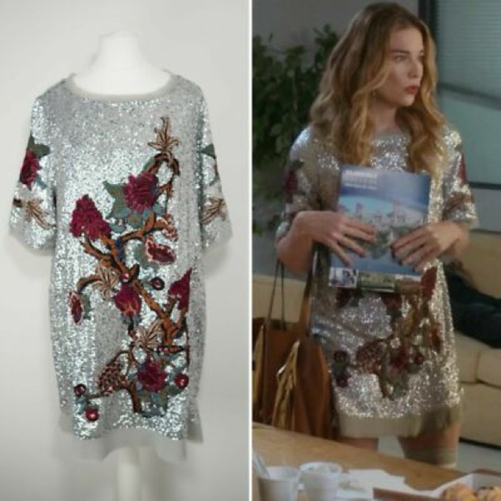 Zara Silver Sequin Mini Dress with Floral Embroidery